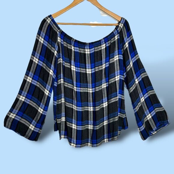 Cloth & Stone Blue Plaid Off The Shoulder Homestead Top Anthropologie Size Med‎ - Picture 4 of 10